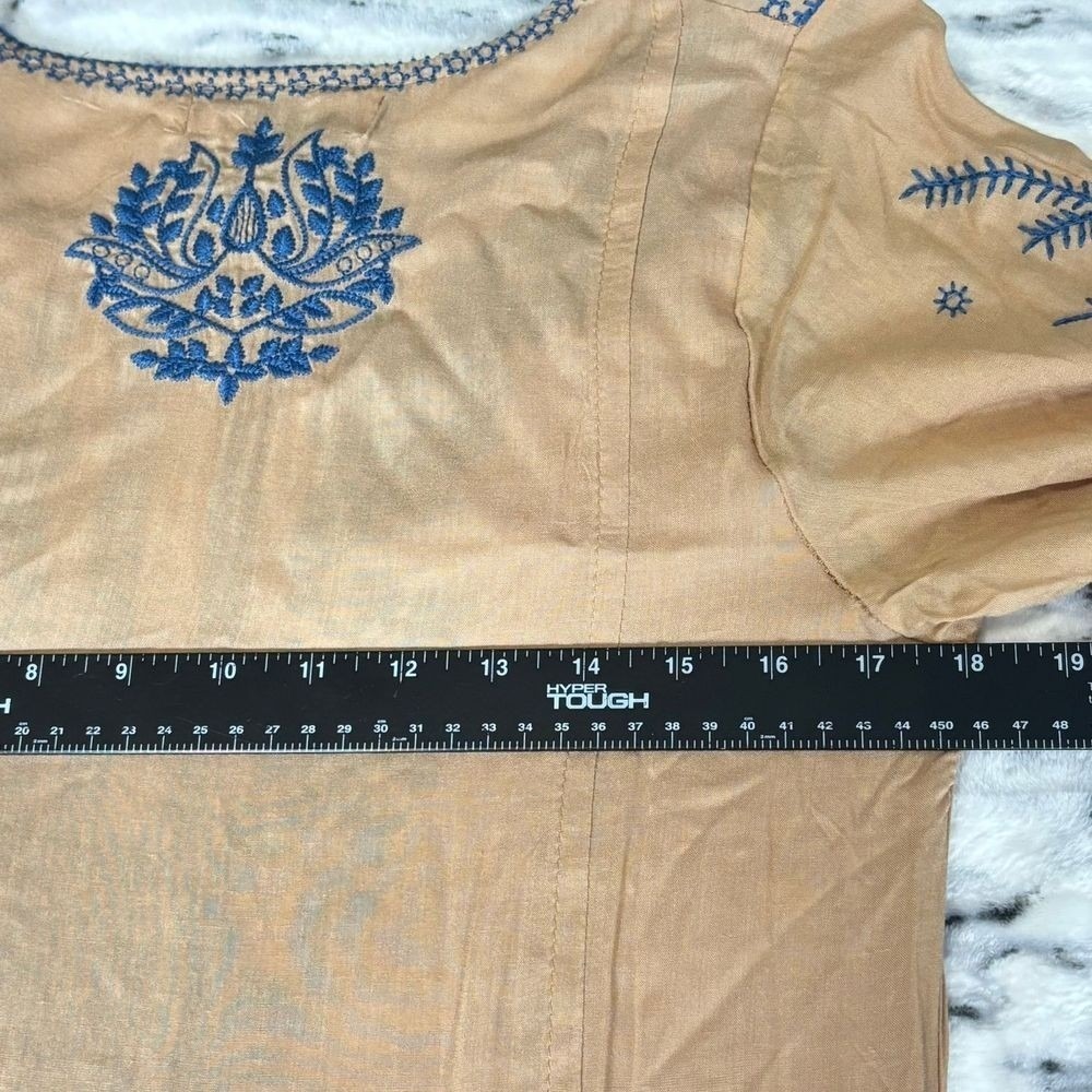 Bohemian Embroidered‎ Dress Sz M Natural Long Sleeve Flowy Relaxed Cottage BOHO - Picture 7 of 11